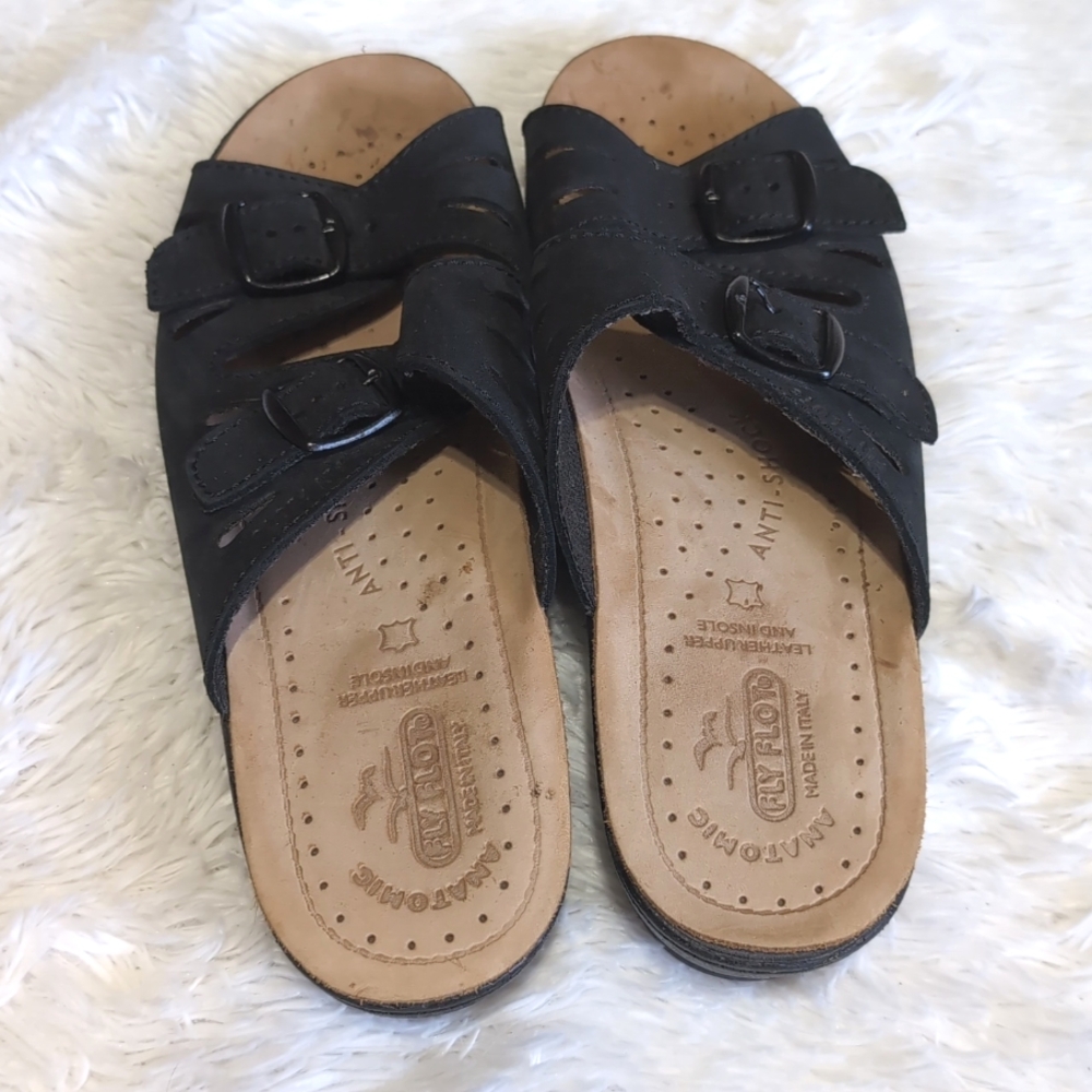 Fly Flot Black Genuine Leather Buckle Slide Sandals Size 40/8 - Picture 7 of 12